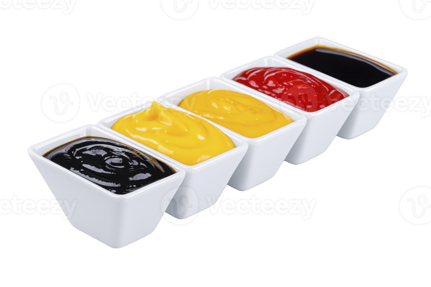A four square white bowls filled with different sauces are arranged in line, featuring black, yellow, red, and brown sauces. vibrant colors create appetizing display png