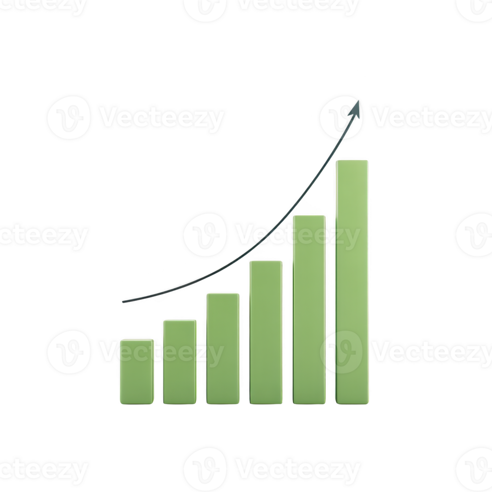 A green bar chart with upward trend arrow symbolizes growth and success in business or finance. bars increase in height from left to right, indicating positive progress png
