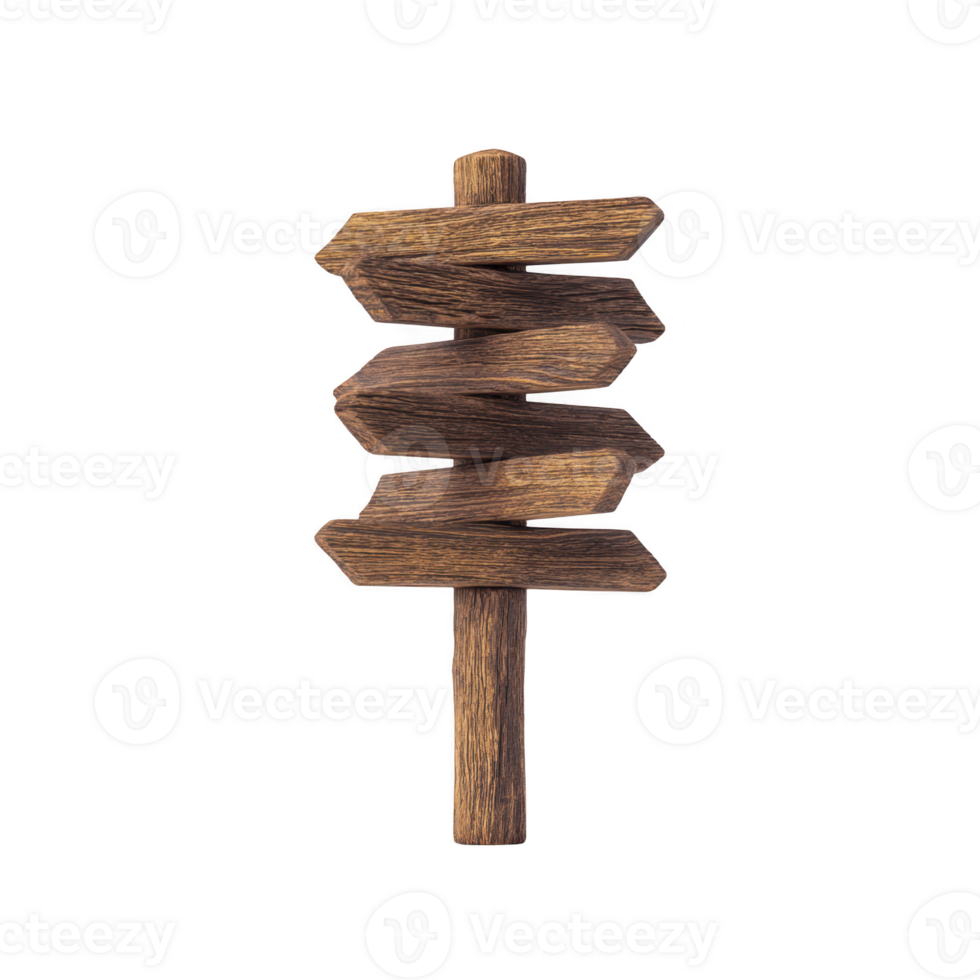 A wooden signpost with four blank directional arrows pointing in different directions, isolated on transparency background. rustic design evokes sense of adventure and exploration png
