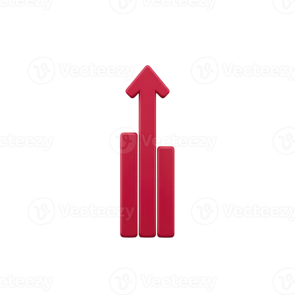 A red upward arrow with three vertical bars symbolizes growth and progress, conveying sense of success and achievement png