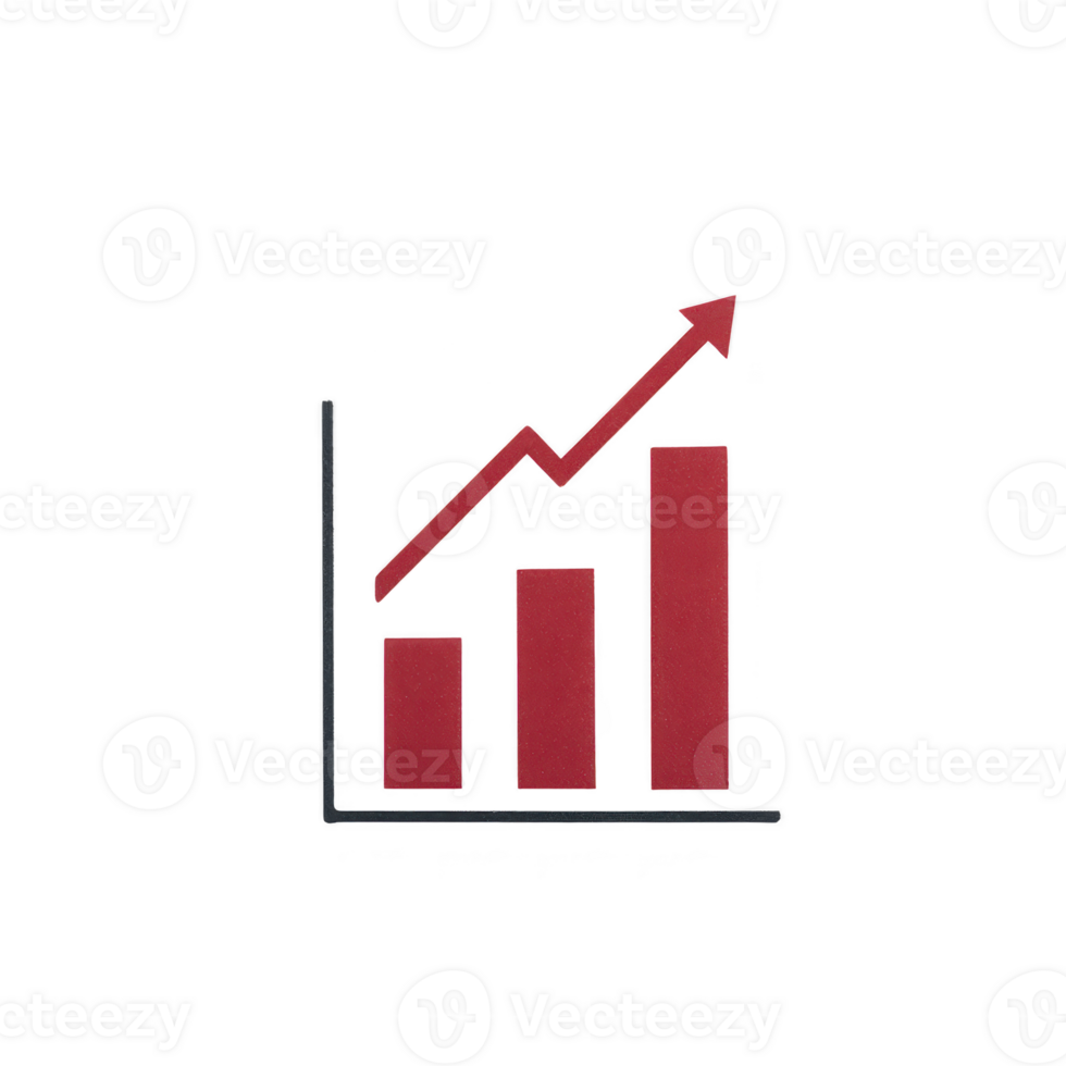 A red bar graph with upward arrow symbolizes growth and success, conveying positive trend in data or business performance. simple design emphasizes progress png