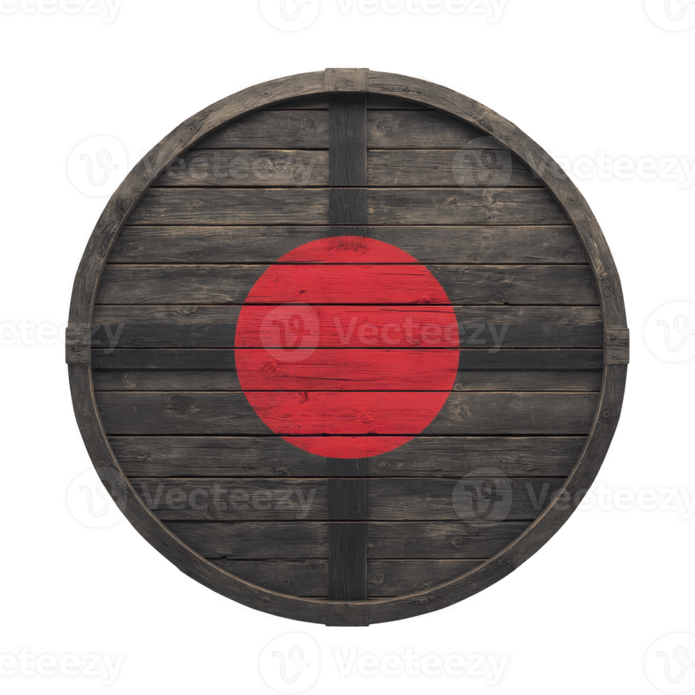 A round wooden shield with red circle design in center, resembling traditional japanese style. wood appears aged and weathered, adding rustic charm to piece png