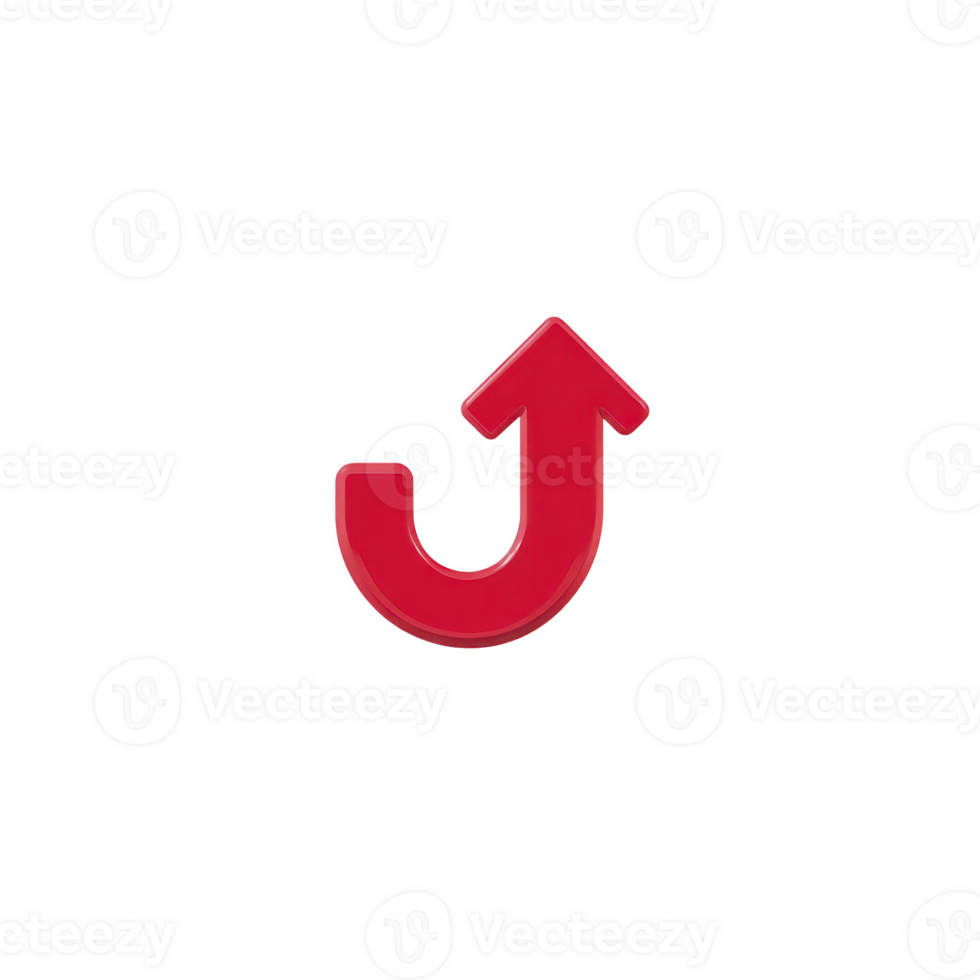 A red upward arrow in curved shape symbolizes direction or progress. simple design stands out against plain background, conveying sense of movement or improvement png