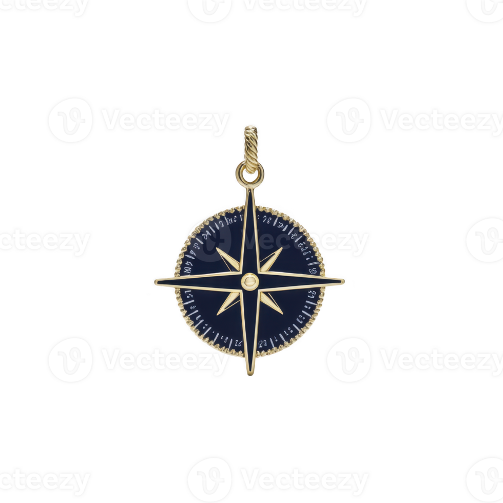 A gold compass pendant with navy blue background and intricate detailing, featuring central star design. pendant is elegant and suitable for nautical themed jewelry collections png