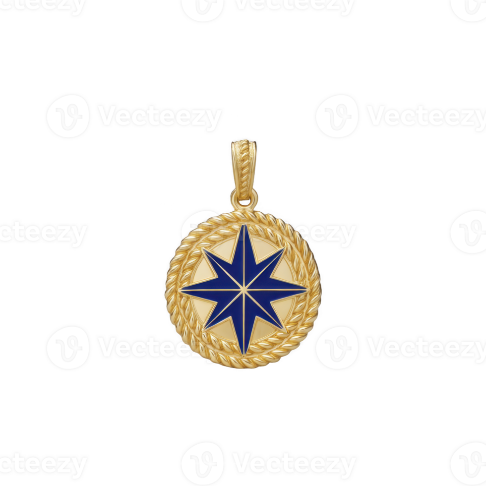 A gold pendant featuring blue star design is elegantly displayed against plain background. intricate rope like border adds touch of sophistication to piece, making it striking accessory png