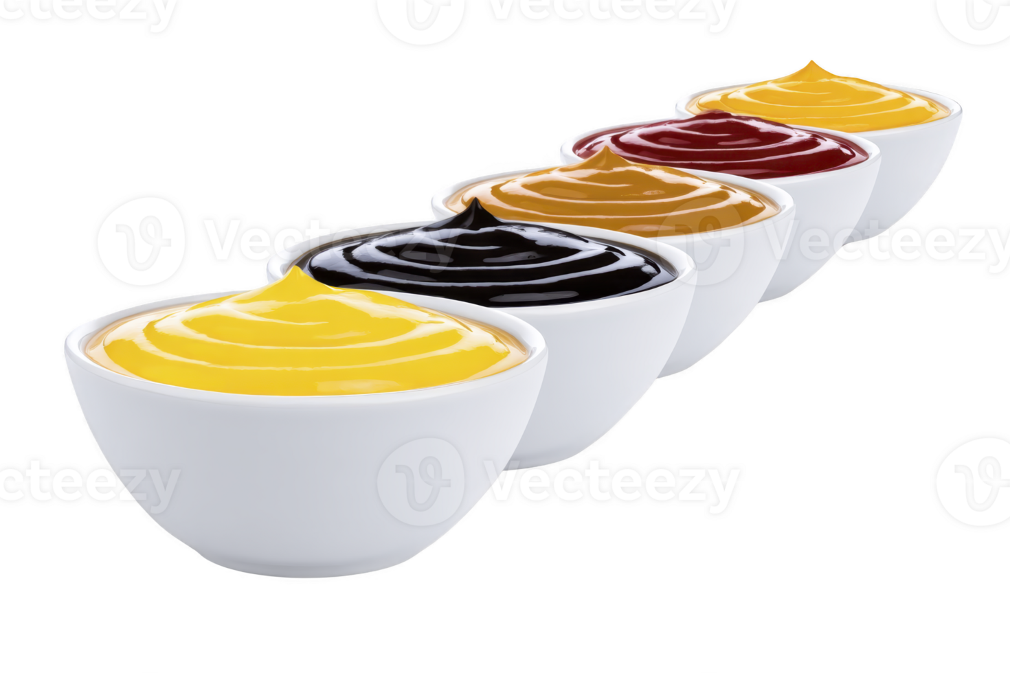 A five white bowls filled with colorful sauces, including yellow, black, brown, and red, are arranged in line, showcasing variety of flavors and textures png