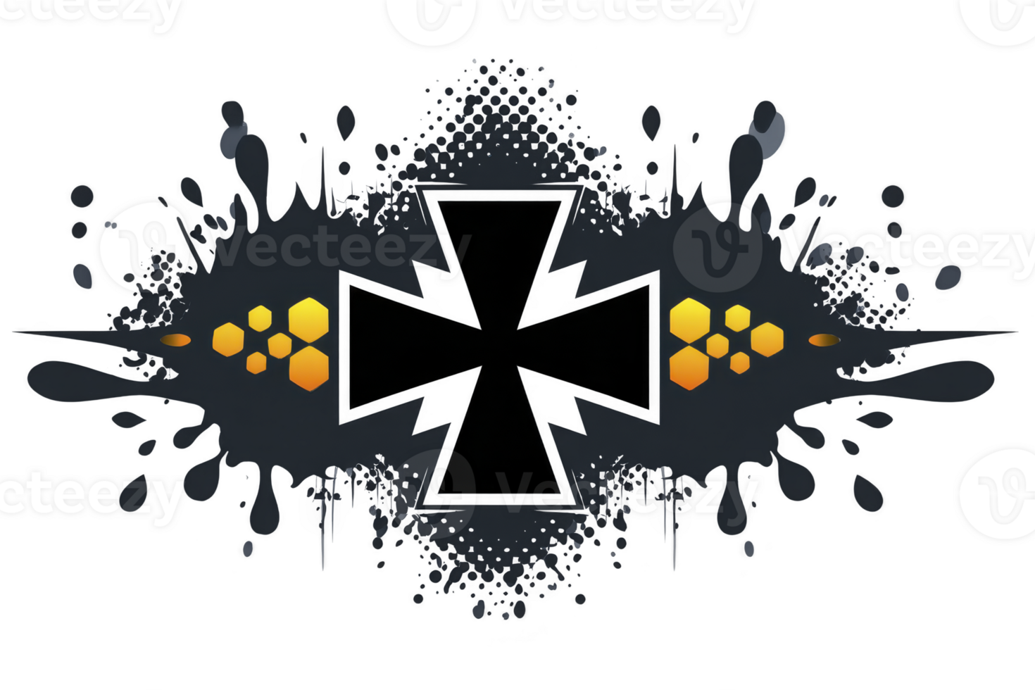 A symmetrical design features central black cross with abstract splatter effects and hexagonal patterns in yellow and orange on either side, creating modern, dynamic look png