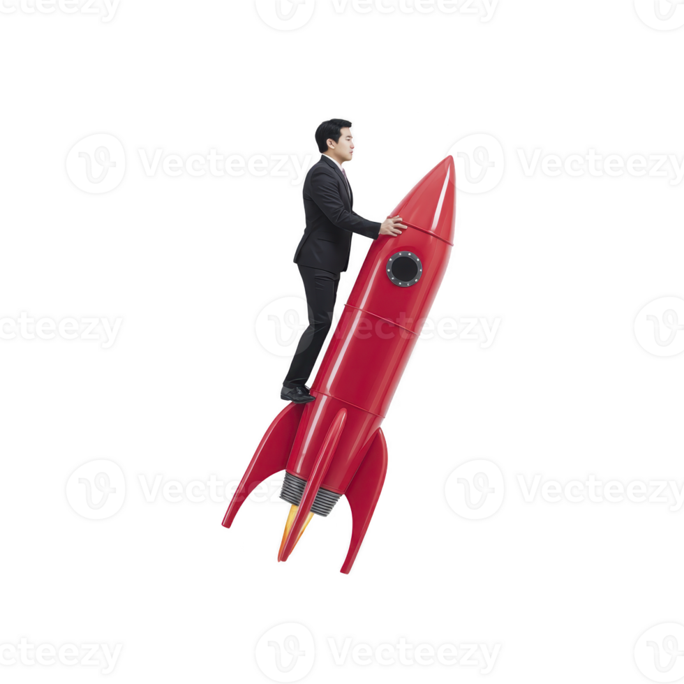 A man in suit rides red rocket, symbolizing ambition and innovation. image conveys sense of adventure and forward thinking, ideal for business or technology themes png