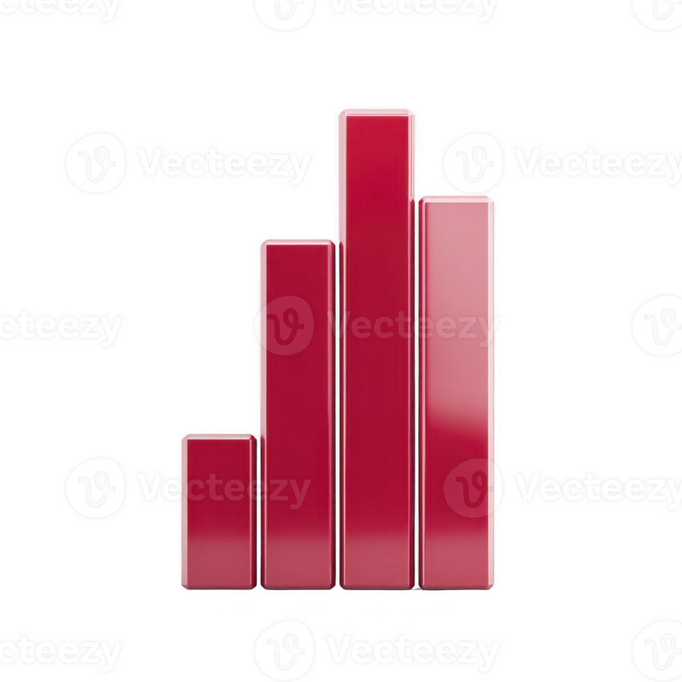 A 3d red bar graph with four vertical bars of varying heights, representing data visualization or statistical analysis. glossy finish adds modern and professional touch png