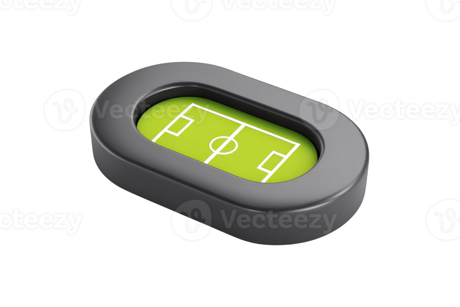 A 3d rendered model of miniature soccer field is encased in sleek, oval shaped black frame, showcasing vibrant green pitch with white markings png