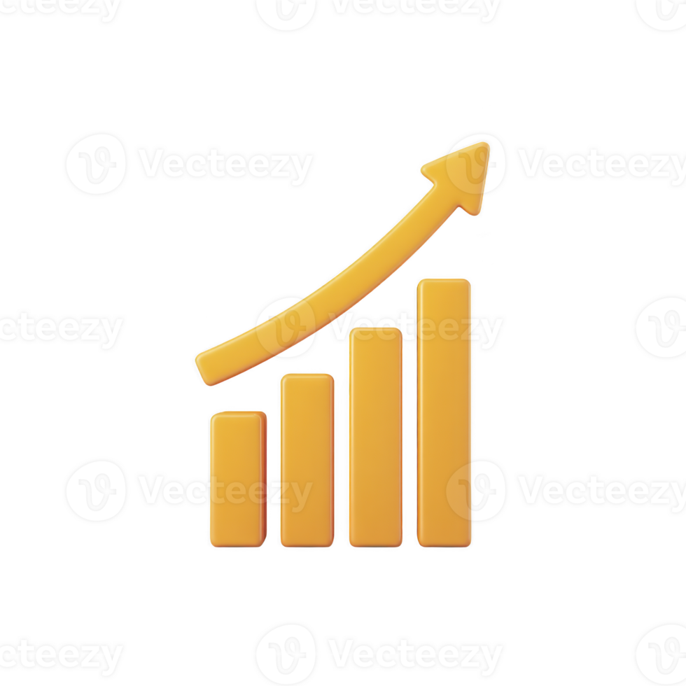 A yellow 3d bar chart icon with upward arrow symbolizes growth and success, often used in business and finance contexts to represent increasing trends or positive performance png