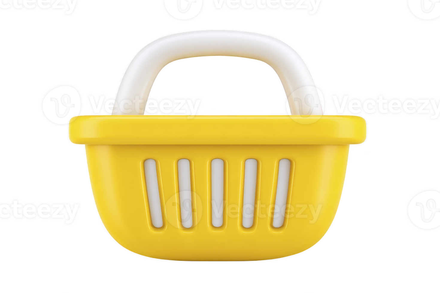 A bright yellow plastic shopping basket with white handle, designed for carrying groceries or small items. basket features vertical slits for ventilation and sturdy build png