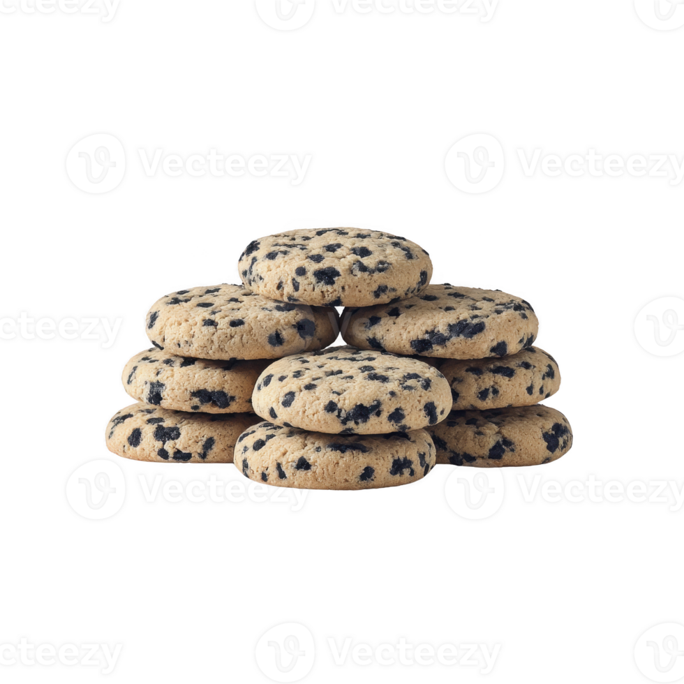 A stack of delicious chocolate chip cookies is arranged in pyramid shape, showcasing their golden brown texture and dark chocolate chips. cookies appear freshly baked and inviting png