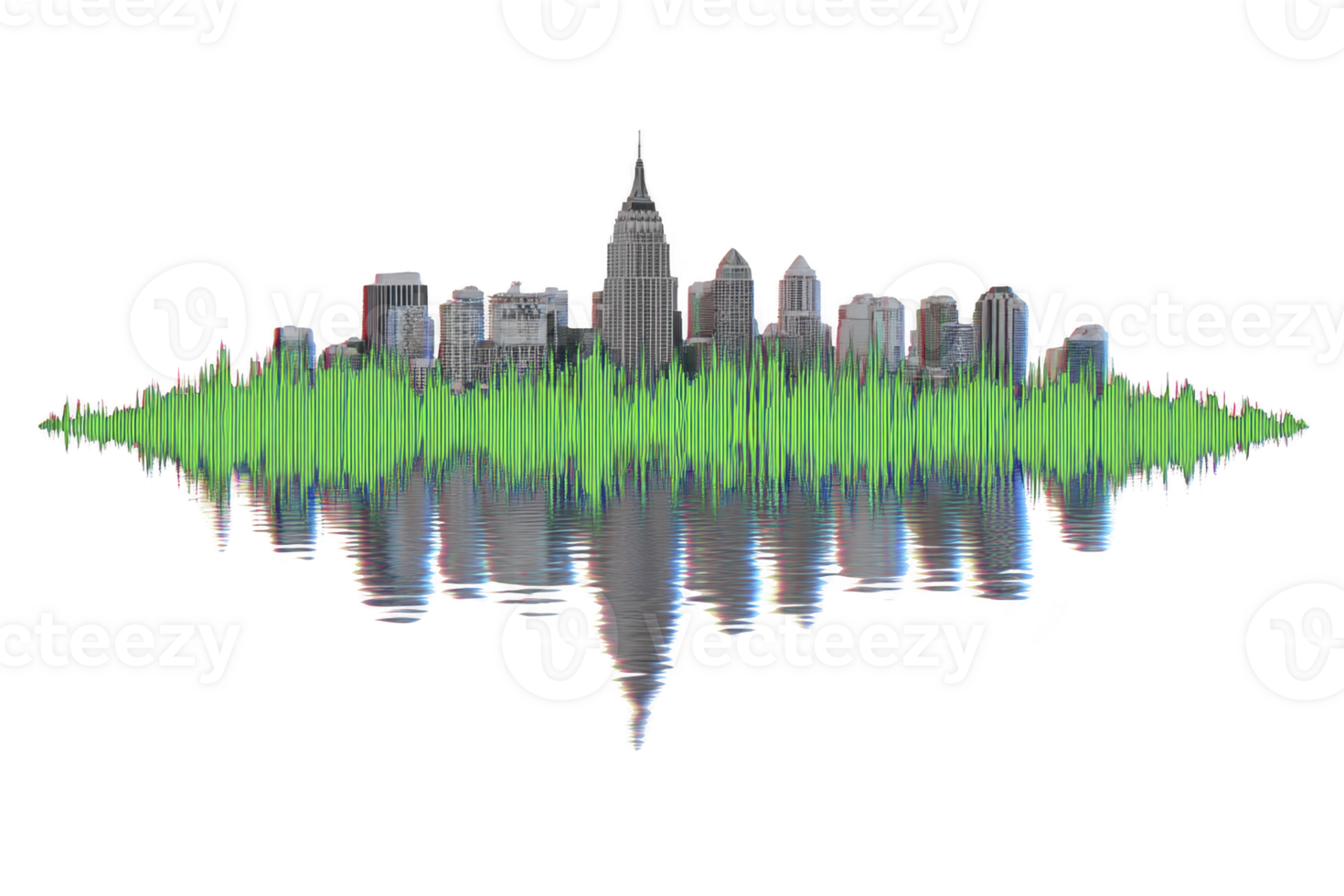 A city skyline is creatively transformed into soundwave, blending urban architecture with audio visualization. green wave pattern adds dynamic and artistic touch to cityscape png