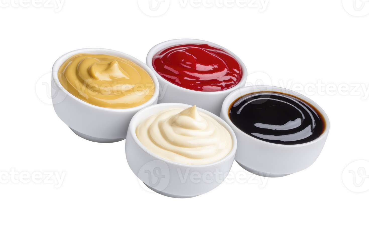 A four small white bowls filled with different sauces mustard, ketchup, mayonnaise, and barbecue sauce, arranged in group. sauces are creamy and vibrant, creating appetizing display png