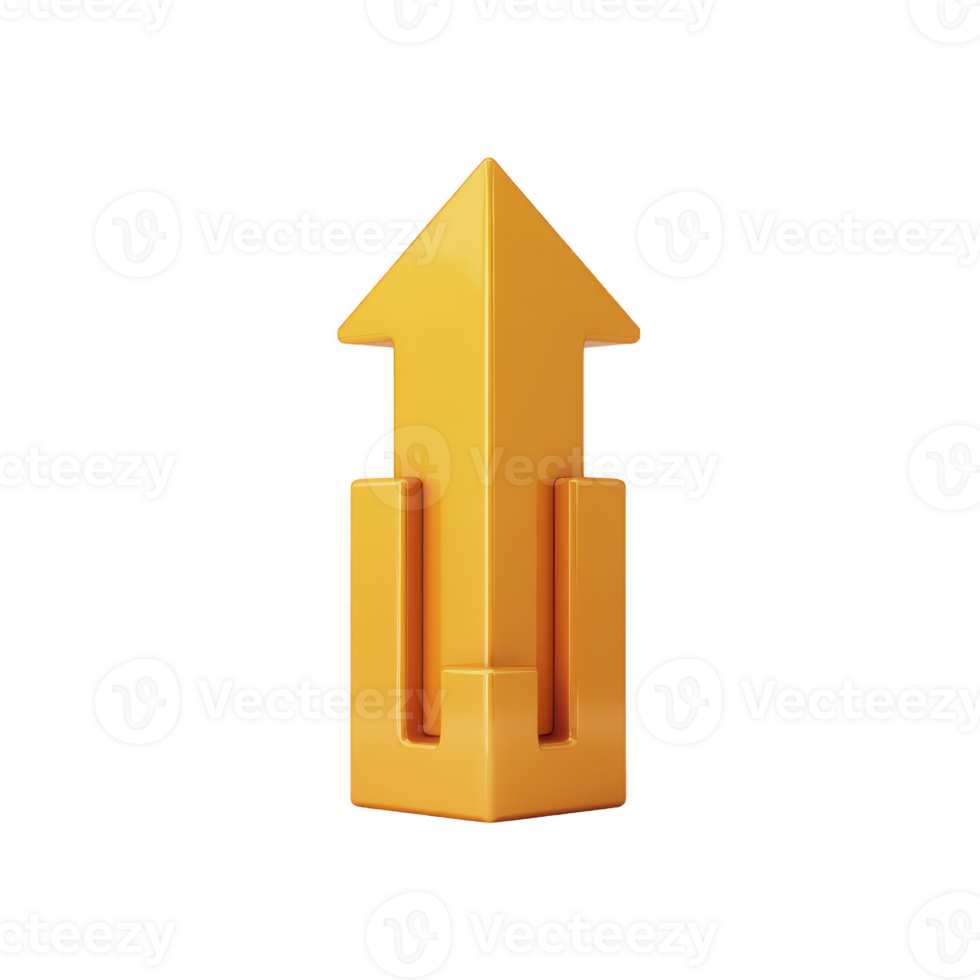 A 3d orange arrow pointing upwards symbolizes growth and progress, featuring glossy finish and modern design. arrow is isolated transparency background, emphasizing its vibrant color and sleek shape png