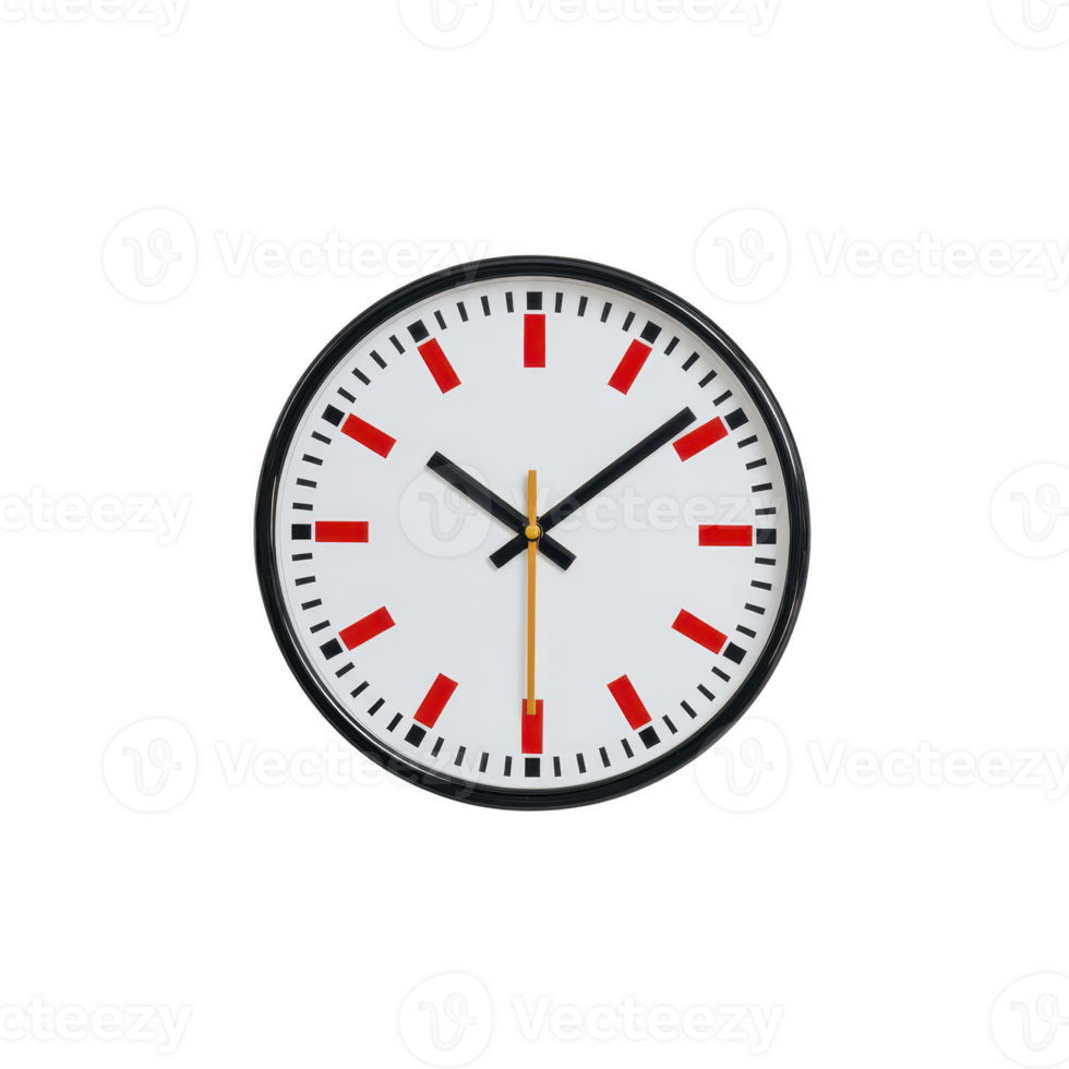 A round wall clock with white face features bold red hour markers and black minute markers. clock has black hour and minute hands, and yellow second hand, all enclosed in black frame png