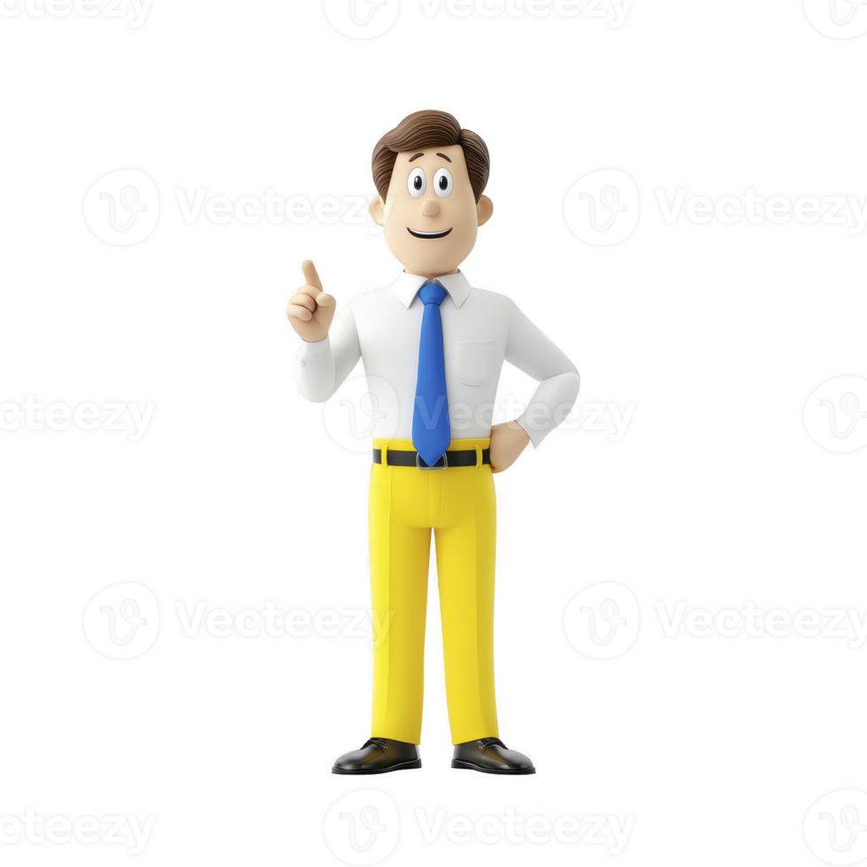 A 3d cartoon character with cheerful expression is standing, wearing white shirt, blue tie, and yellow pants, pointing upwards. character has brown hair and black shoes png
