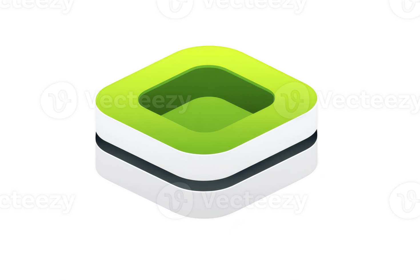 A 3d green and white geometric shape with layered design, featuring square cutout in center, creating modern and abstract appearance png
