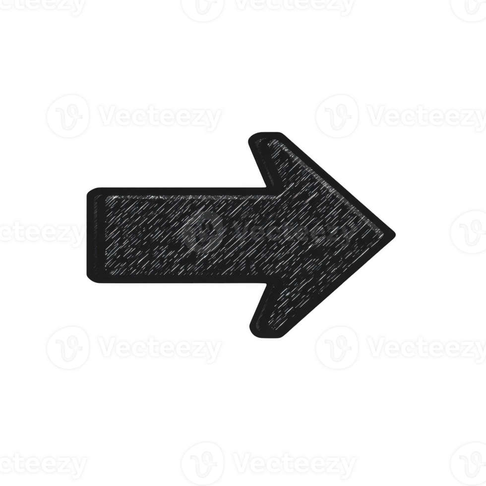 A textured black arrow pointing to right on transparent background, resembling chalk drawing. arrow has rough, hand drawn appearance, adding casual and artistic touch png