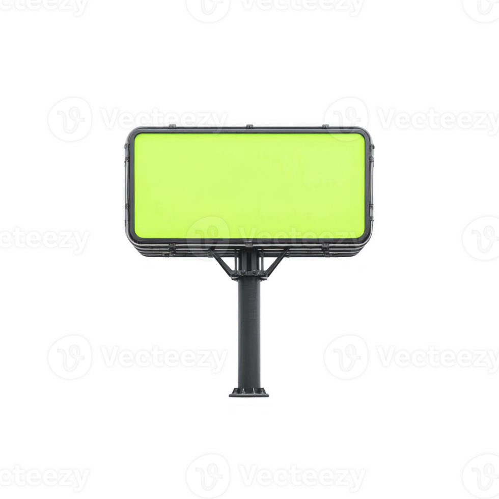 A bright green rectangular sign with black frame and stand, isolated on transparency background. sign is designed for customizable messages, ideal for advertising or informational purposes png