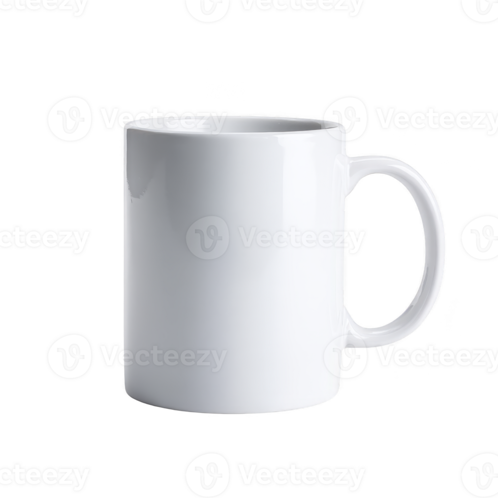 A plain white ceramic mug with glossy finish, perfect for hot beverages like coffee or tea. simple design makes it versatile for any kitchen or office setting png