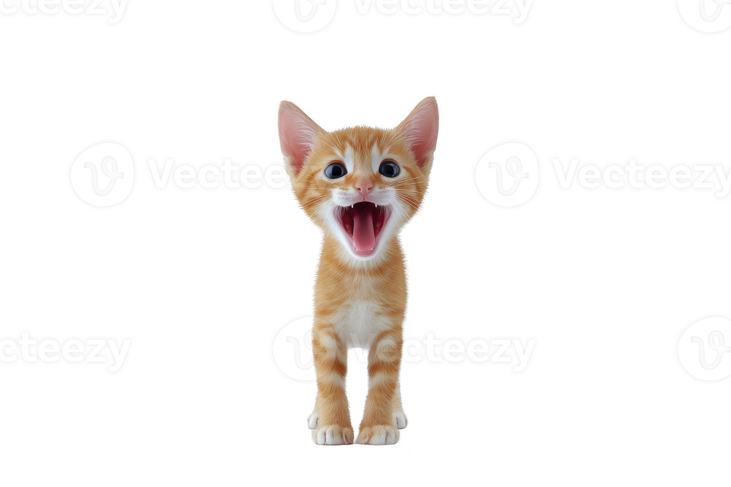 A cute orange tabby kitten with wide eyes and open mouth stands against plain background, appearing playful and curious. kitten fur is striped, and its expression is lively png