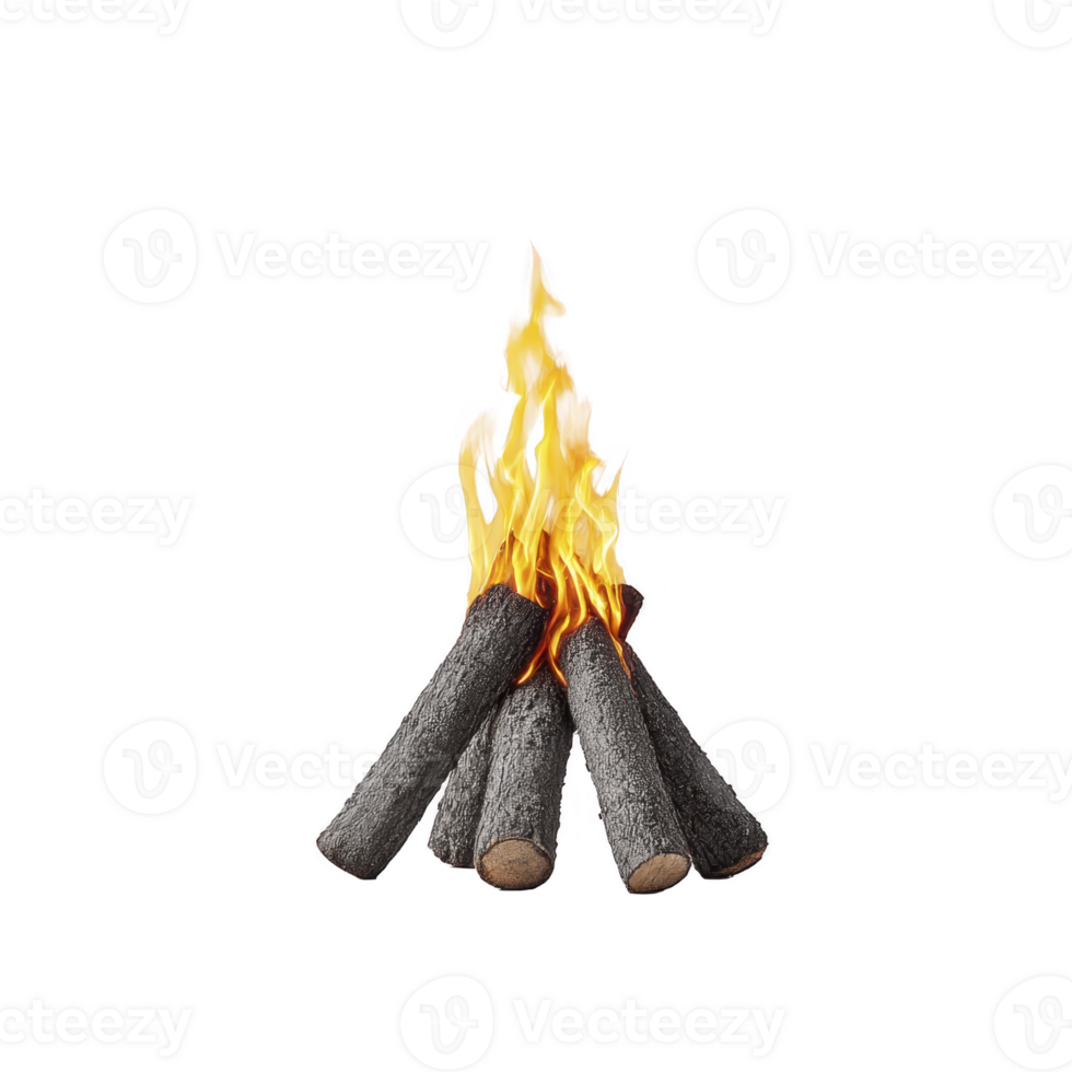 A campfire with logs burning brightly, flames flickering upwards, creating warm and inviting atmosphere. firewood is arranged in classic teepee style, ideal for outdoor gatherings png