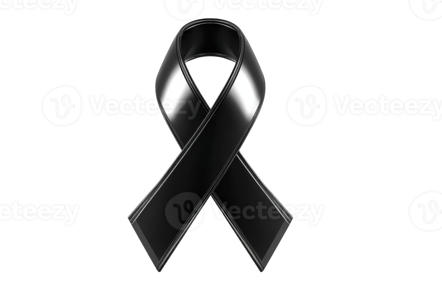 A black awareness ribbon symbolizing mourning, remembrance, or support for cause. ribbon is glossy and isolated on transparency background, conveying solemn and respectful tone png