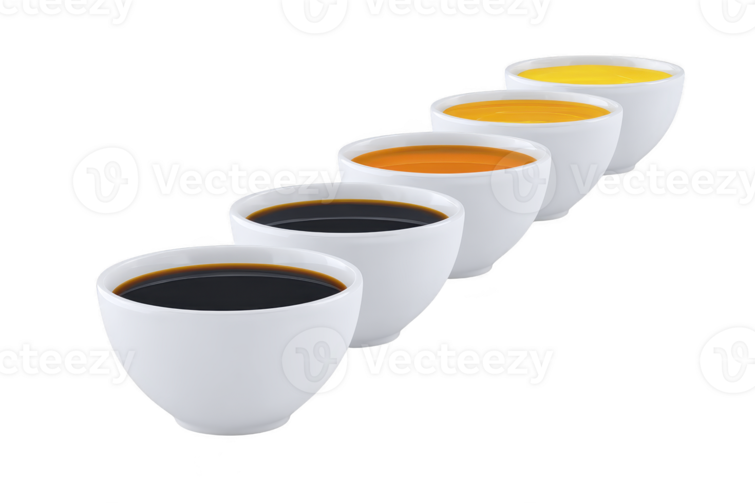 A five white bowls filled with different colored liquids, including black, orange, and yellow, are arranged diagonal line transparency background. vibrant colors create striking visual contrast png