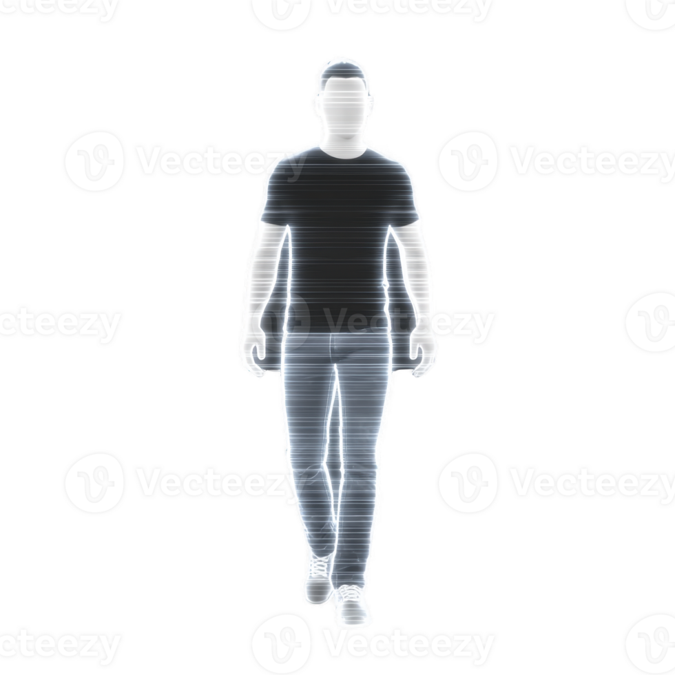 A digital silhouette of person walking forward, with glowing outline and futuristic appearance, set against transparency background. image conveys sense of technology and modernity png
