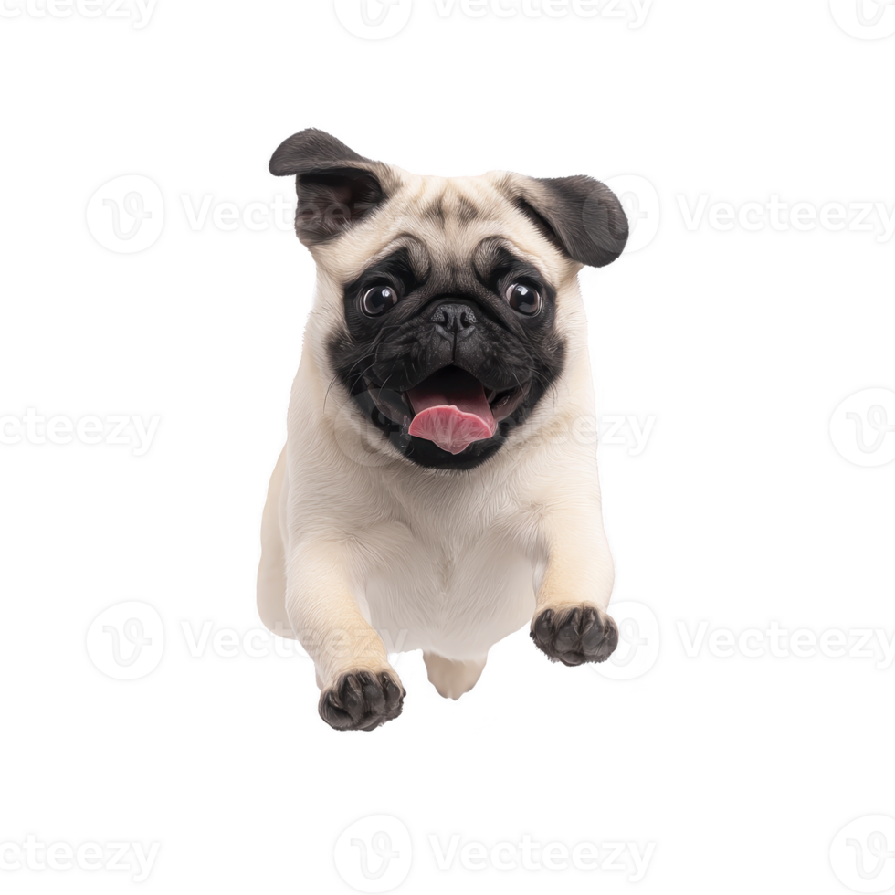 A playful pug with joyful expression is leaping forward, showcasing its adorable features and lively personality. dog light fur contrasts with its dark face and ears png