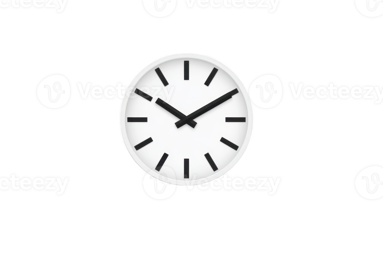 A minimalist wall clock with white face and black hour and minute hands, featuring simple black hour markers, is set against plain background. design is modern and sleek png
