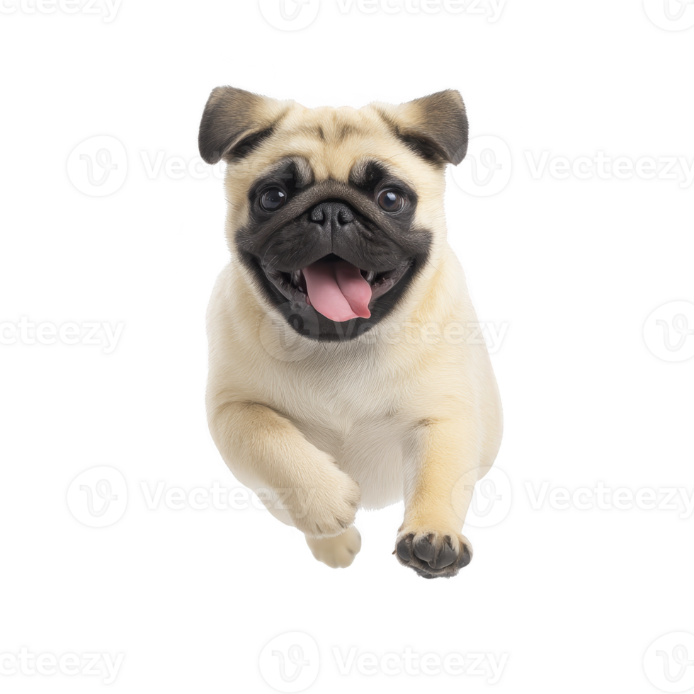 A playful pug with joyful expression is running forward, showcasing its adorable features and lively personality. dog light fur contrasts with its dark face, adding to its charm png