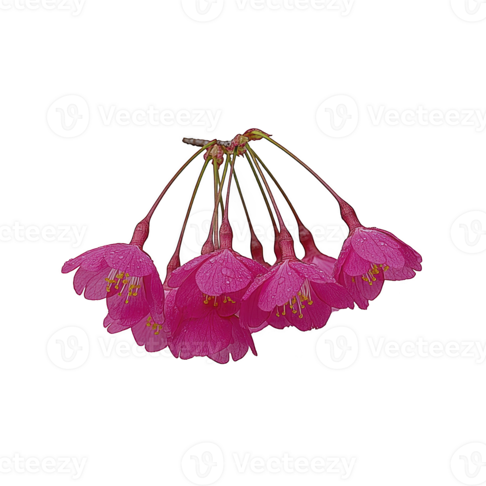 A cluster of vibrant pink cherry blossoms with delicate petals and yellow stamens is beautifully displayed against plain background, highlighting their natural elegance png