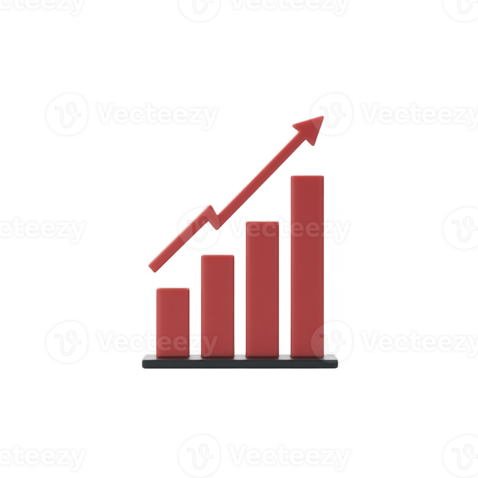 A 3d red bar chart with upward arrow symbolizes growth and success, set against plain background. bars increase in height from left to right, indicating positive progress png