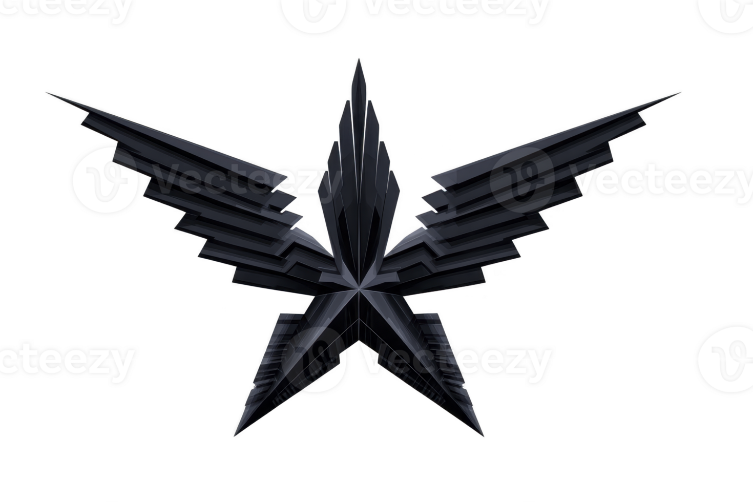 A sleek, angular black geometric shape resembling stylized bird or winged emblem, set against transparent background. design is sharp and modern, evoking sense of power and elegance png