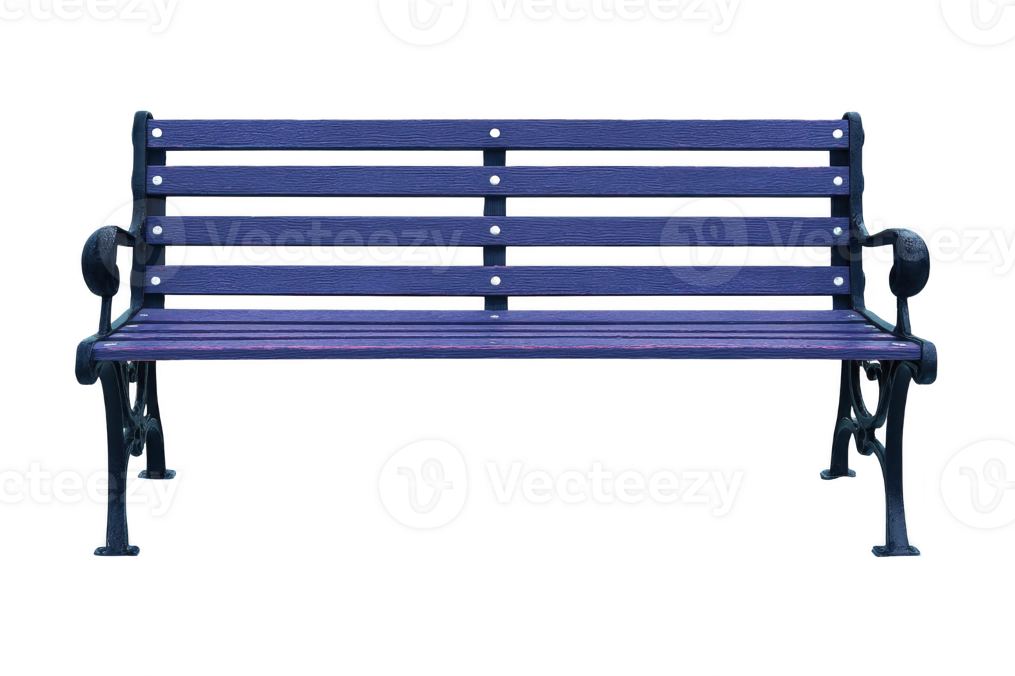 A blue wooden park bench with metal armrests and legs, isolated on transparency background. bench features slatted backrest and seat, offering classic and inviting design for outdoor seating png