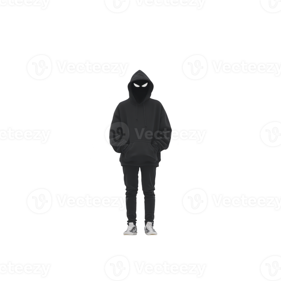 A mysterious figure in black hoodie stands with glowing eyes, creating eerie and enigmatic atmosphere. silhouette is accentuated by dark clothing and contrasting white sneakers png