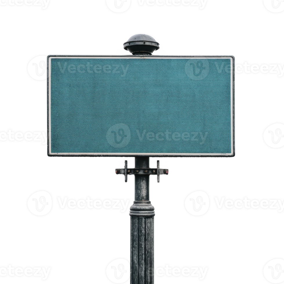A blank teal street sign mounted on black metal pole, ready for customization or directional information. sign is isolated on transparency background, emphasizing its simplicity and potential use png