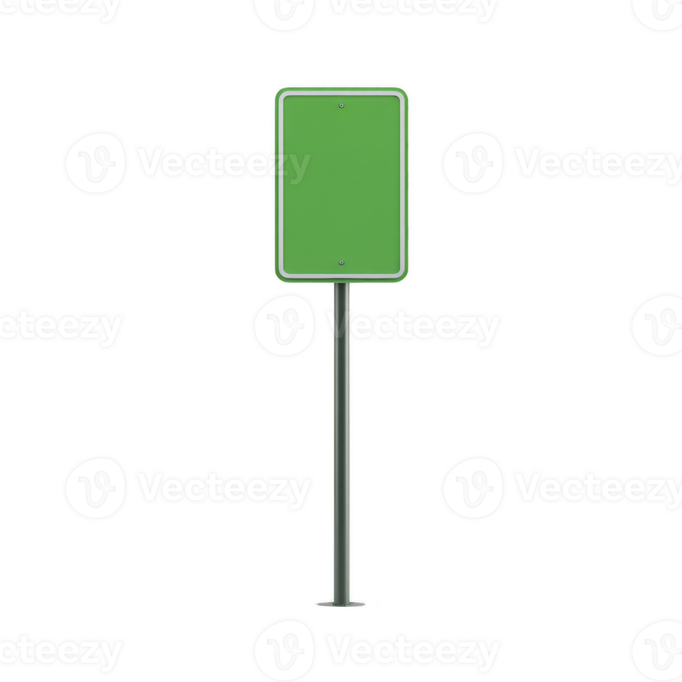 A blank green rectangular road sign stands on single metal pole, isolated on transparency background. sign is empty, allowing for customizable text or symbols, and is commonly used for directions png