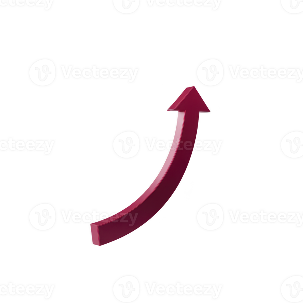 A red upward curved arrow on transparent background symbolizes growth, progress, or increase. arrow sleek design and vibrant color convey sense of positivity and forward movement png