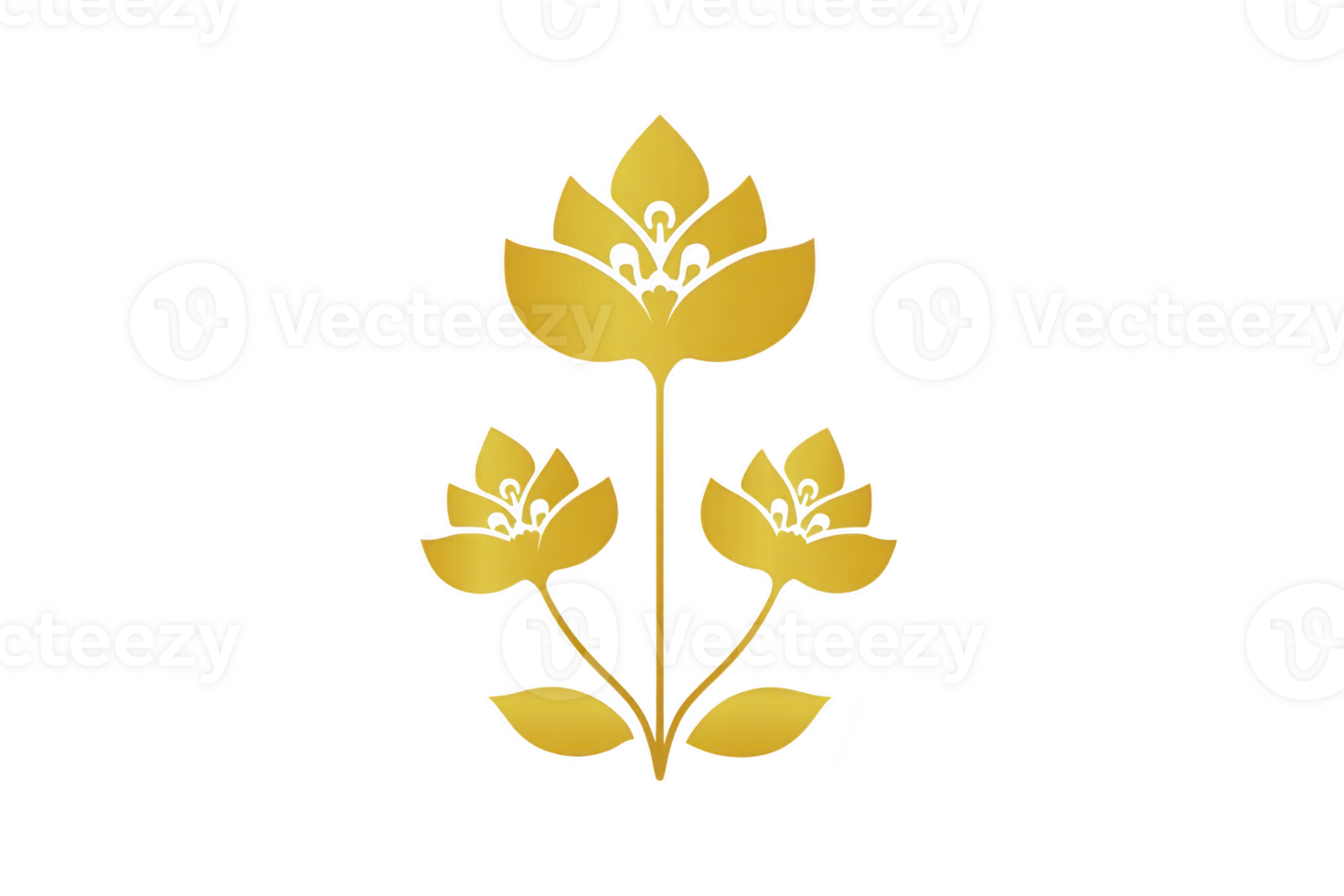 A golden floral design featuring three stylized flowers with symmetrical arrangement, exuding elegance and simplicity. central flower is larger, flanked by two smaller ones, all with smooth png