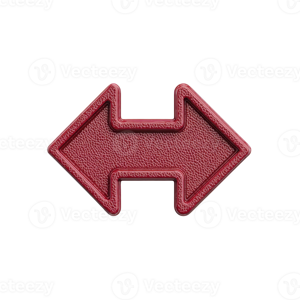 A red, textured, double headed arrow pointing left and right on transparency background, symbolizing direction and choice. arrow has leather like appearance, adding tactile feel png