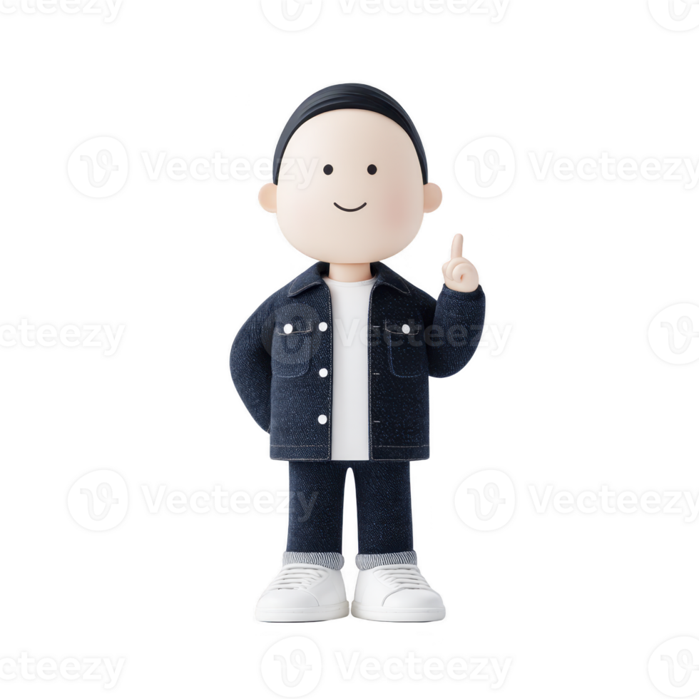 A cute 3d character with smiling face, wearing denim jacket and pants, white sneakers, and black beanie, stands with one hand on hip and other pointing up png