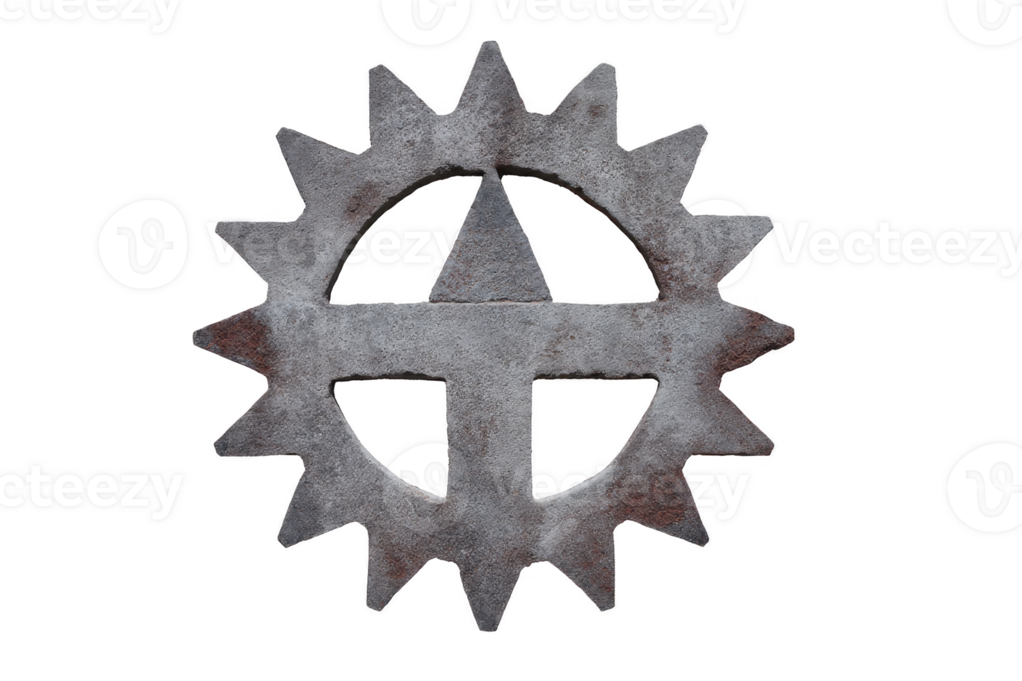 A rusty metal gear with unique design featuring cross and triangular cutouts, symbolizing industrial and mechanical themes. weathered texture adds vintage feel png