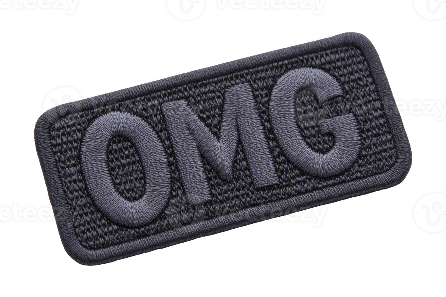 A rectangular embroidered patch with letters omg in bold, dark stitching on textured background, conveying surprise or excitement png