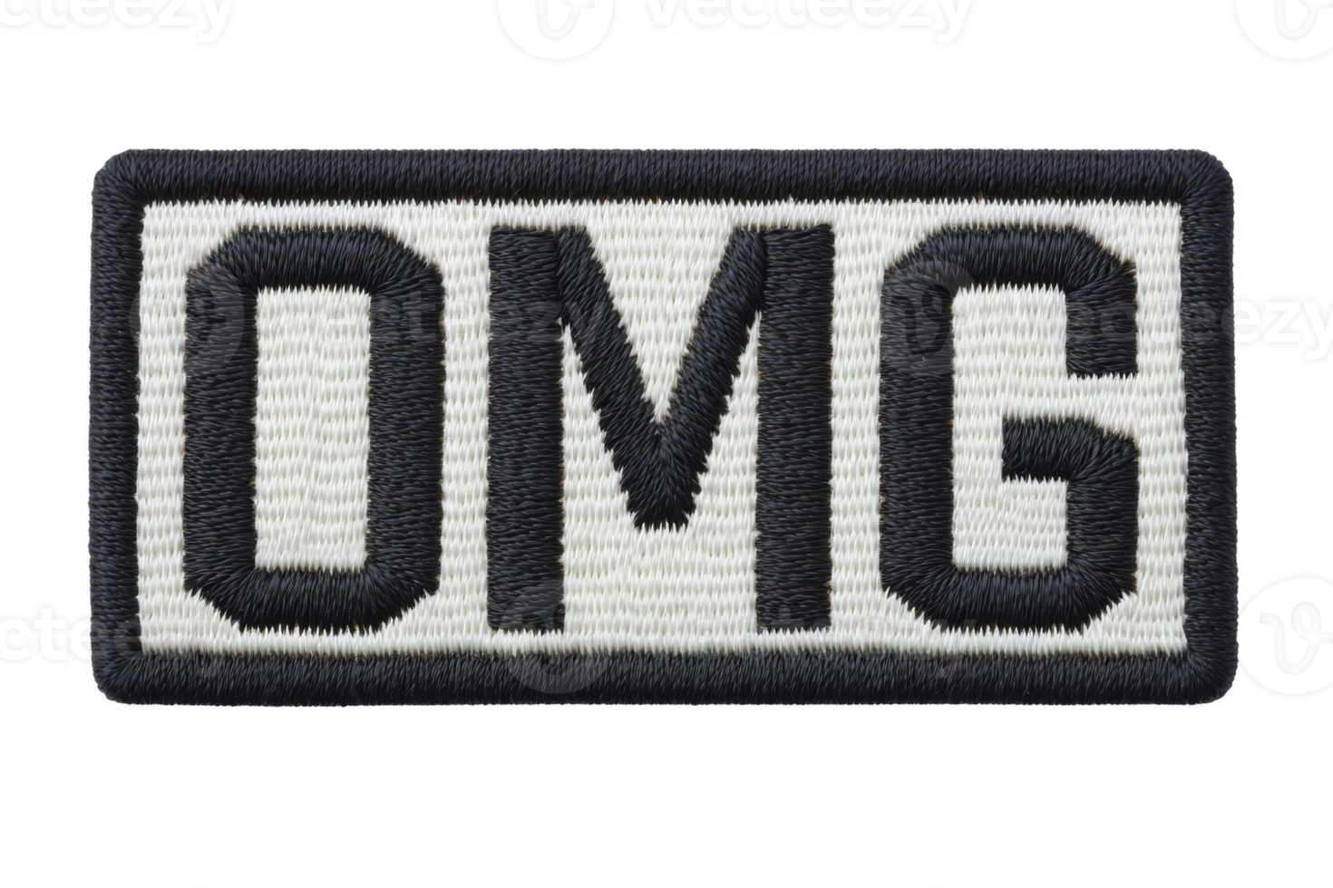 A rectangular embroidered patch with bold black letters omg on transparency background, conveying surprise or excitement. patch has black border, adding contrast to design png
