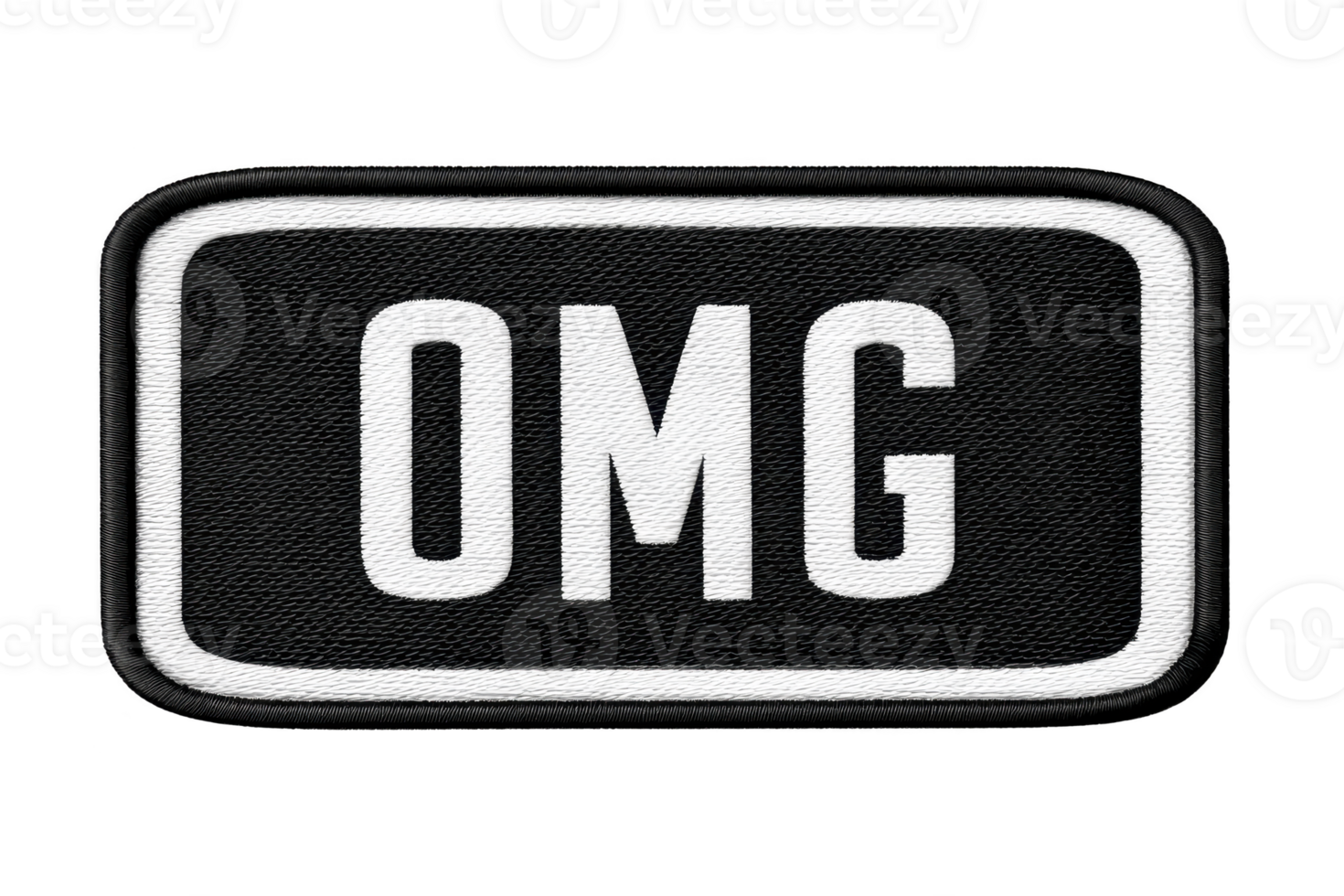 A black and white embroidered patch features bold letters omg in rectangular shape, conveying surprise or excitement. design is simple yet striking, suitable for various fashion items png