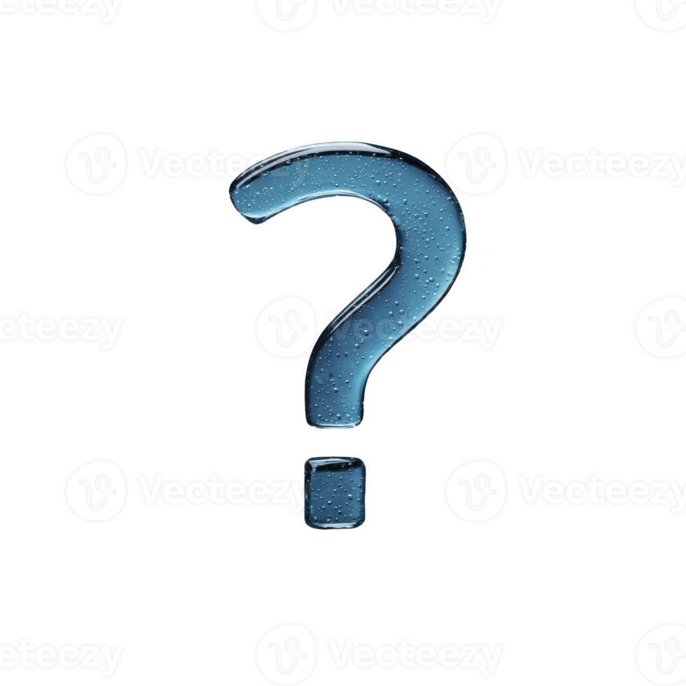 Blue question mark with glossy, water droplet texture stands out against transparent background, symbolizing inquiry and curiosity png